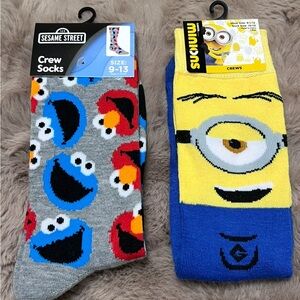 Minions and Sesame Street Novelty socks, Sz 9-13